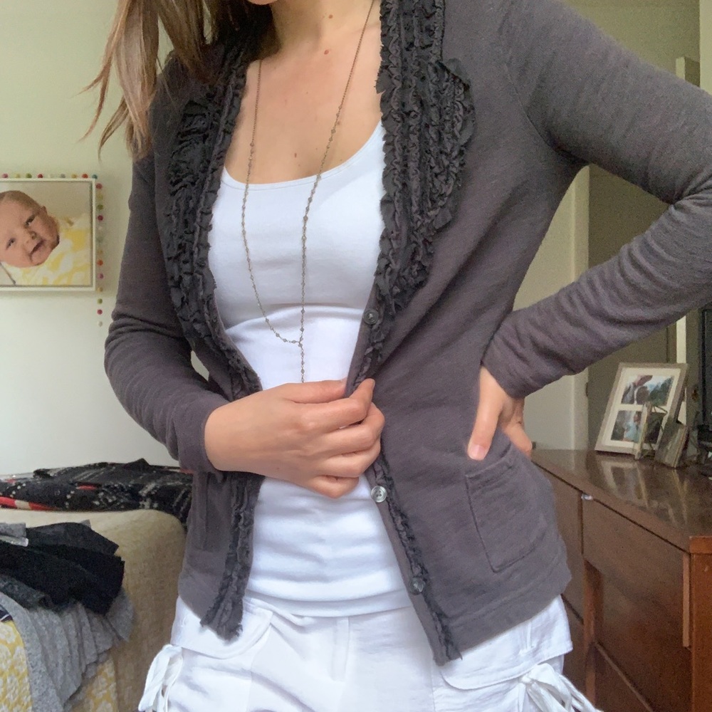 Eddie Bauer XSP frilly, French terry cardigan